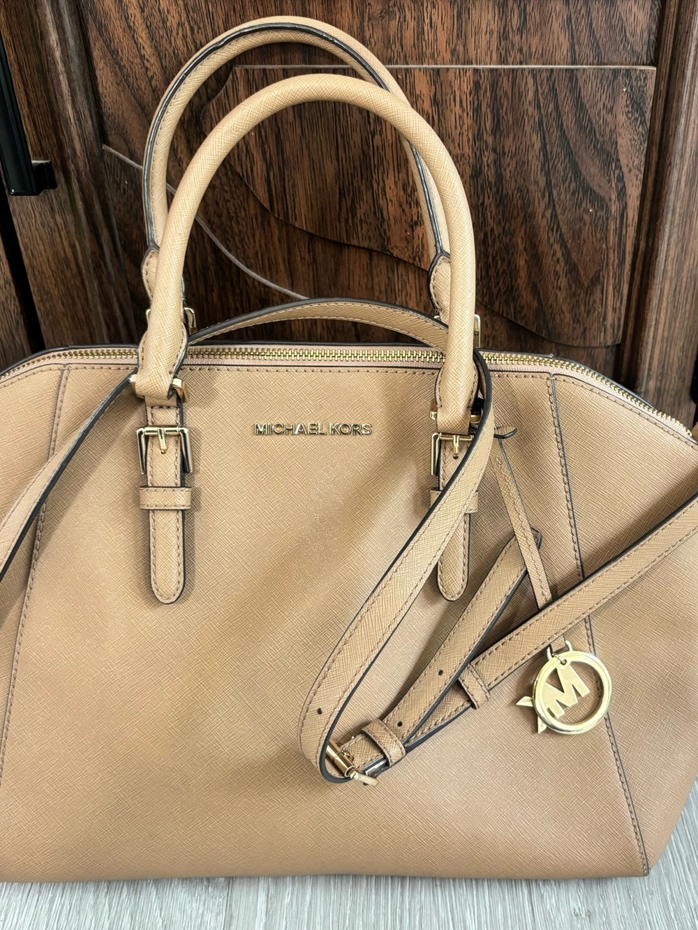 Michael Kors Beige Tan Saffiano Leather Satchel with Gold Hardware
